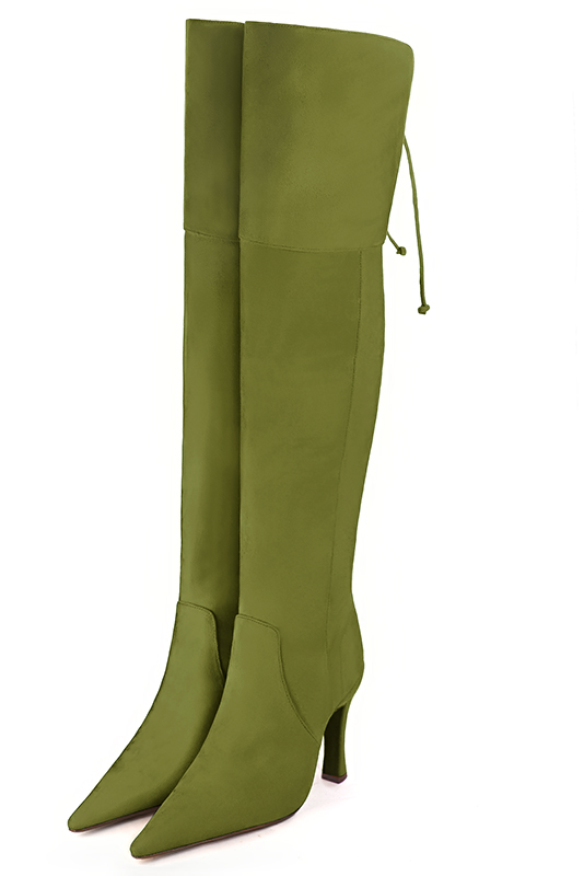 Pistachio green women's leather thigh-high boots. Pointed toe. Very high spool heels. Made to measure. Front view - Florence KOOIJMAN